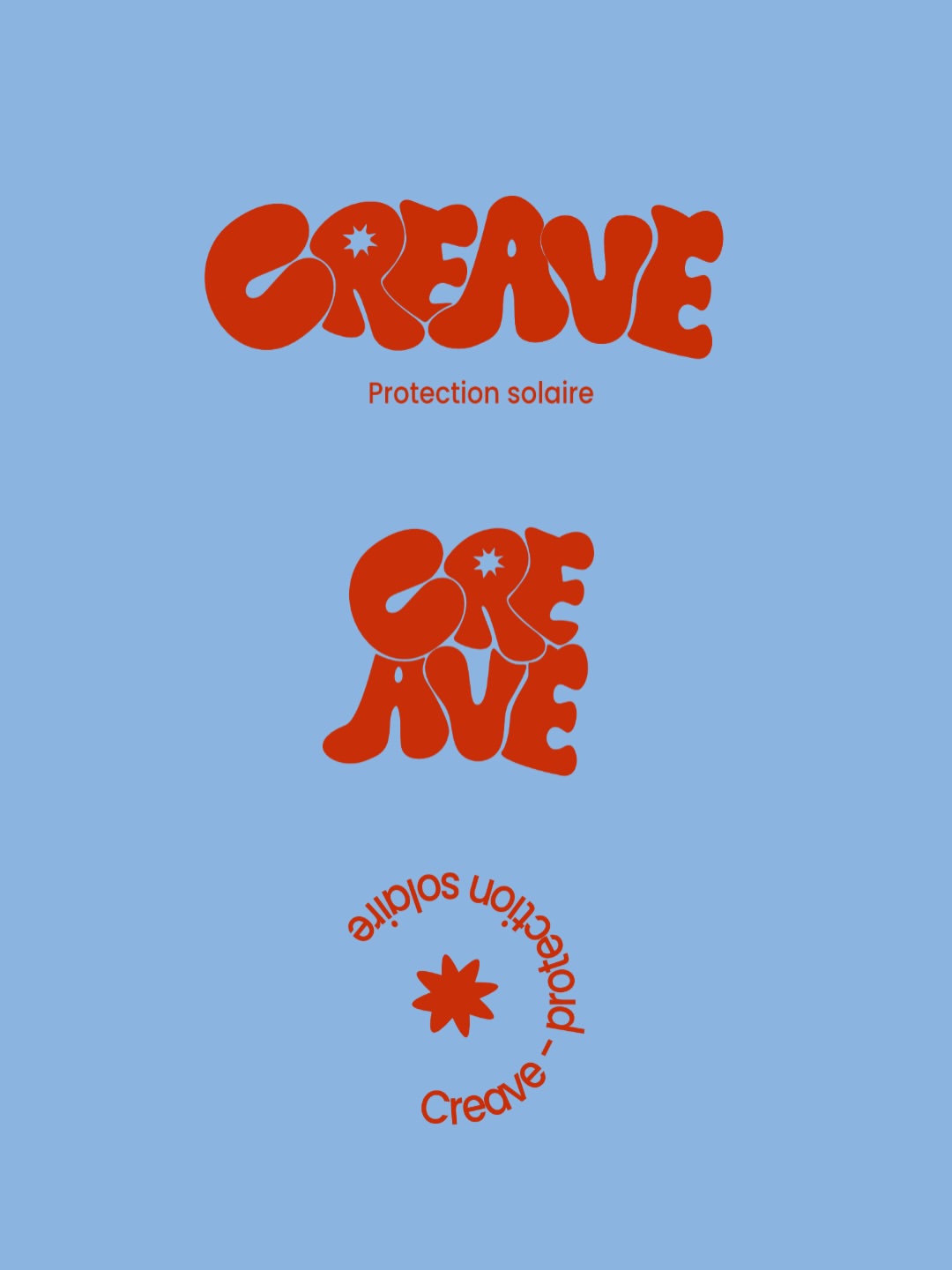 Planche d'identité CREAVE : logotype brique sur fond bleu ciel et ses déclinaisons