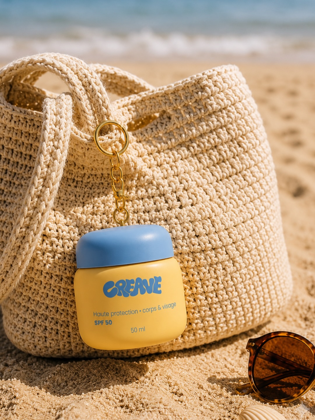 Pot CREAVE 50 ml accroché à un sac en crochet posé sur le sable
